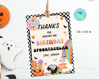 Editable Hippie Retro Groovy Halloween Thank You Tag, Spooktacular Birthday Favor Party Tag, Rainbow Ghost Halloween Label, RHH