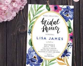 Bridal shower invitation, floral bridal shower invite, printable invitation, watercolor floral, bridal invitation