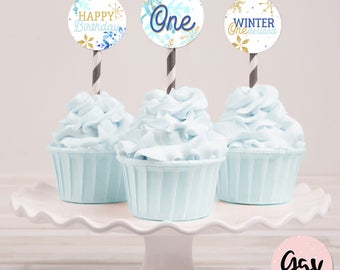 Winter onederland cupcake toppers, winter birthday, 1st birthday toppers, winter birthday boy, onederland decor, winter birthday boy