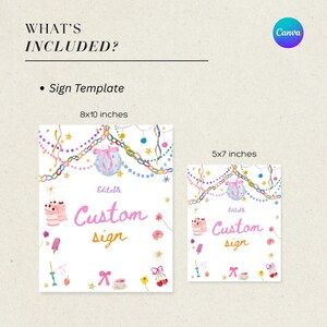 Puede incluir: Dos letreros blancos con ilustraciones de acuarela y texto. El letrero m&aacute;s grande mide 20x25 cm, y el m&aacute;s peque&ntilde;o 13x18 cm. Los letreros tienen un tema de fiesta con las palabras "Custom sign" en rosa y dorado.