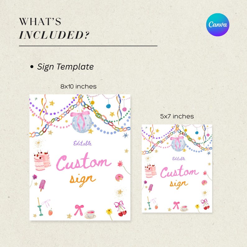 Puede incluir: Dos letreros blancos con ilustraciones de acuarela y texto. El letrero m&aacute;s grande mide 20x25 cm, y el m&aacute;s peque&ntilde;o 13x18 cm. Los letreros tienen un tema de fiesta con las palabras "Custom sign" en rosa y dorado.