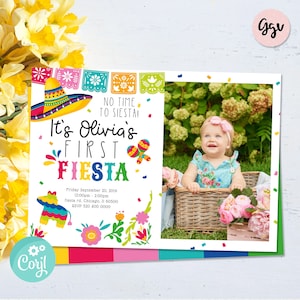 Editable First fiesta birthday Invitation with photo, Mexican fiesta invitation, 1st Birthday mexican printable invite, MF01