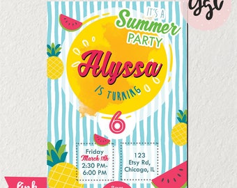 Summer Invitation, Summer Party, summer birthday, pool party, pool invitation, summer party invite, pool party invite, watermelon, beach