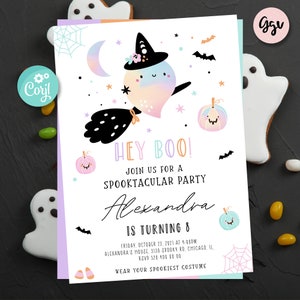 May include: A Halloween party invitation with a cute ghost witch design. The invitation says "Hey Boo!" and includes party details. The design features a ghost on a broom, pumpkins, bats, and stars. The invitation is for a child's 8th birthday party.