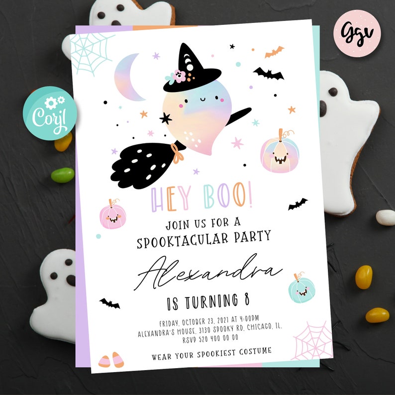 May include: A Halloween party invitation with a cute ghost witch design. The invitation says "Hey Boo!" and includes party details. The design features a ghost on a broom, pumpkins, bats, and stars. The invitation is for a child's 8th birthday party.