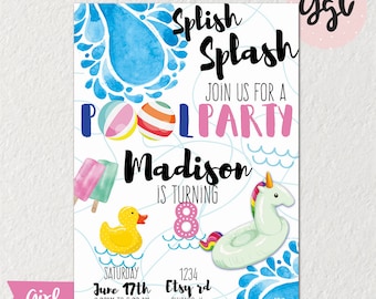 Pool party birthday invitation, printable pool party invitation, girl pool party, boy pool party, summer party, swimming pool, digital