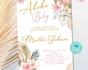 Editable Tropical Palm leaf Baby Shower Invitation, pink tropical printable invitation template, floral tropical shower digital invite