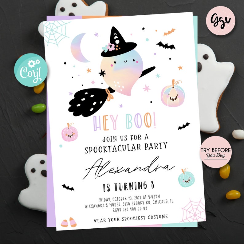 May include: A Halloween party invitation with a whimsical design. The invitation features a cartoon ghost wearing a witch hat, pumpkins, bats, and the text "Hey Boo!" The invitation is for Alexandra's 8th birthday.