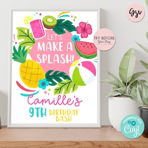 Tropical pool party welcome sign, editable pool party welcome sign, let&#39;s make a splash birthday sign, TR01