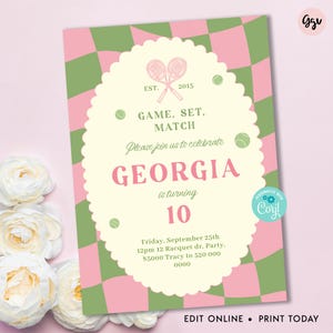 Tennis Birthday Party Invitation, Pink Tennis Editable Invite, Pink Racquet Summer Printable Template, Game Set Match, Instant Download, TP1