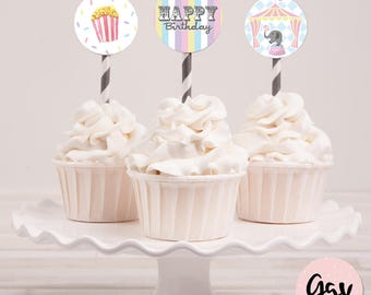 Pastel Circus Cupcake Toppers: Carnival Birthday Party Decor (Digital Download)