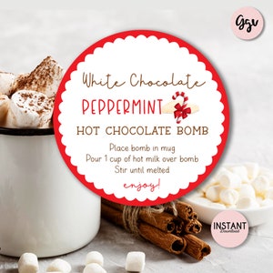 WHITE CHOCOLATE PEPPERMINT Bomb tag, Christmas printable bomb tag, hot cocoa sticker, hot chocolate bomb gift tag, bomb instructions