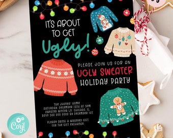 Ugly Sweater Weihnachtsparty Einladung, editierbare hässliche Pullover Einladung, es ist dabei, hässliche Urlaubsparty zu bekommen, zu essen und hässlich zu sein