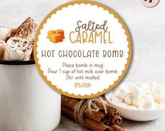 Étiquette bombe chocolatée au caramel salé : autocollant rond à imprimer (téléchargement numérique)