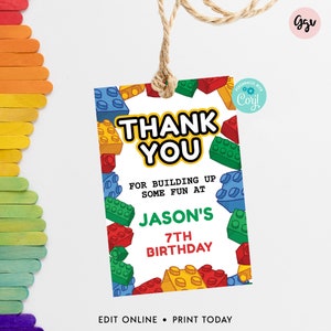 Etiquetas de regalo editables con bloques de construcción, plantilla de etiqueta de agradecimiento para fiesta de cumpleaños con bloques de construcción, etiquetas de regalo imprimibles con bloques de construcción, BB1