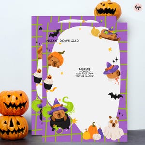 May include: Two Halloween-themed printable cards with a purple grid background and a white oval centre. The cards feature illustrations of pumpkins, bats, cupcakes, and a capybara wearing a witch hat. Text on the card reads "Instant Download" and "Backside Included".