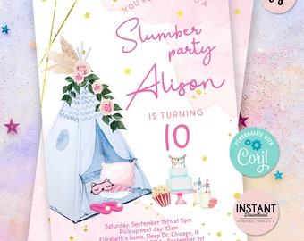 Uitnodiging voor boho-bloemen slaapfeestje, bewerkbare sjabloon (digitale download) Sp02