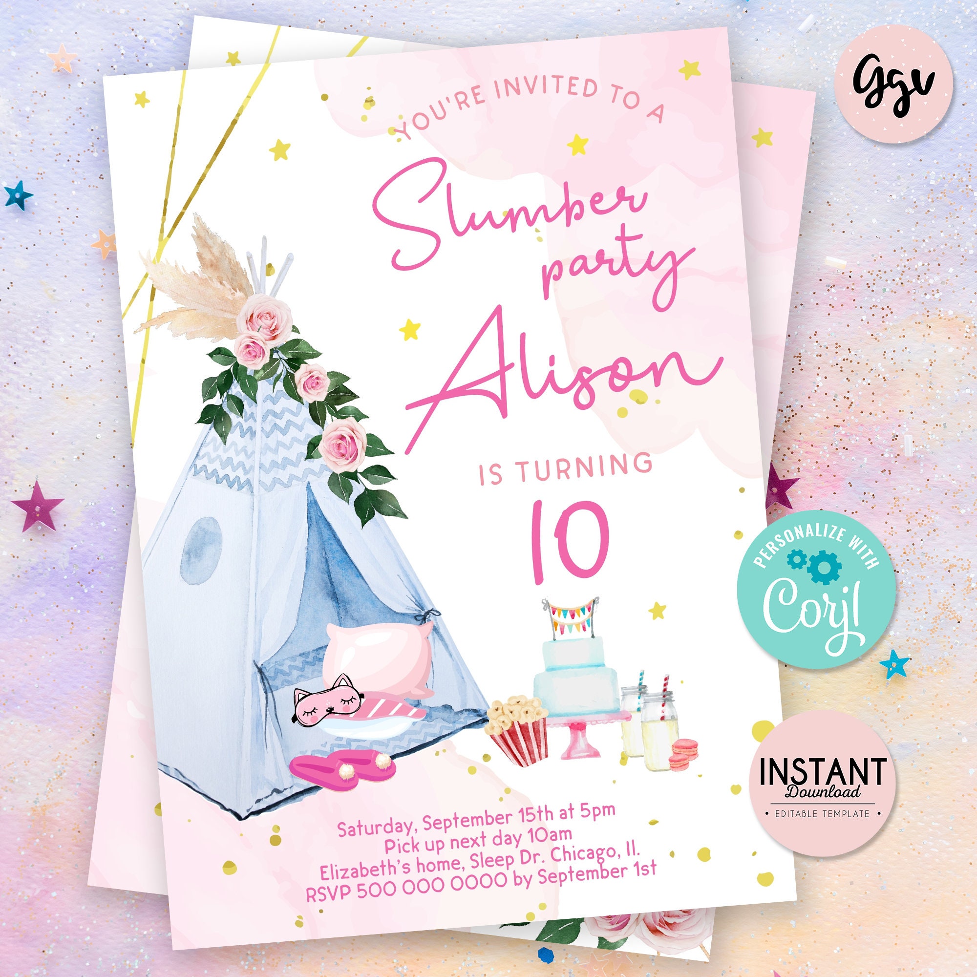 Boho Floral Slumber Party Invitation, Editable Template (digital Download)  Sp02 - Etsy, image size:2000x2000