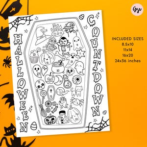 Puede incluir: Arte imprimible de cuenta regresiva de Halloween en blanco y negro. El diseño presenta una forma de ataúd llena de ilustraciones temáticas de Halloween y el texto "HALLOWEEN COUNTDOWN". Los tamaños incluidos son 21,6x25,4cm, 28x35,6cm, 40,6x50,8cm y 61x91,4cm.