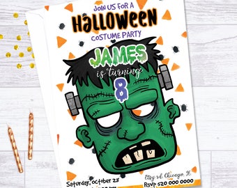 May include: Halloween party invitation with a green Frankenstein monster illustration. The invitation says "Join us for a Halloween Costume Party, James is turning 8, Saturday, October 28, 4:30 pm to 9:00 pm, Etsy rd. Chicago, IL, RSVP 520 000 0000".