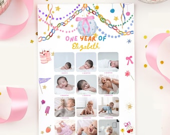 Pôster editável para registrar o primeiro aniversário e o crescimento do bebê com fotos mensais (16x20, 24x36) (Download digital)