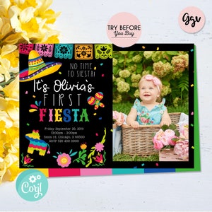 1st Birthday mexican fiesta invitation, editable first fiesta invitation with photo, mexican fiesta invite, MF01