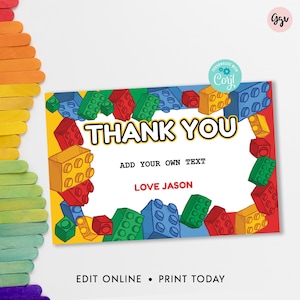 May include: A rectangular thank you card with a yellow background and a border of colorful toy bricks. The words "THANK YOU" are in large, bold letters. The card includes space to add custom text and a name.