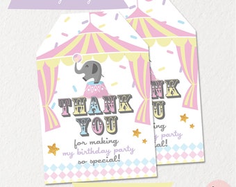 May include: Pink and yellow circus tent thank you tags with a gray elephant holding a ball. The text on the tag reads "Thank You for making my birthday party so special!" and measures 2 inches by 3 inches.