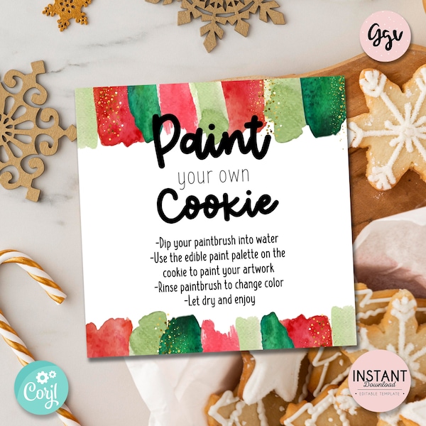 Christmas Paint your own Cookie Tag, editable instructions pyo cookie label, christmas cookie gift tags, christmas party favor tag, PCC