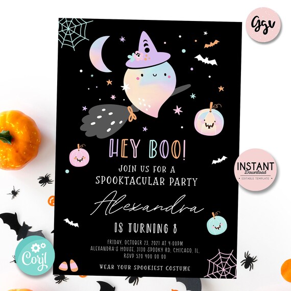Pastel Ghost Birthday Invitation Template: Halloween Party (Editable) PH1