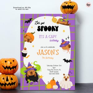 May include: A Halloween-themed birthday party invitation with a purple and white grid background. The invitation features the text "Let's get SPOOKY" and "IT'S A CAPY birthday". The invitation includes the name "JASON'S" and the date and time of the party.