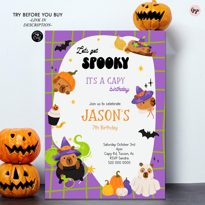 May include: A Halloween-themed birthday party invitation with a purple and green grid background. The invitation features the text "Let's get SPOOKY" and "IT'S A CAPY birthday". The invitation includes the name "JASON'S" and event details.