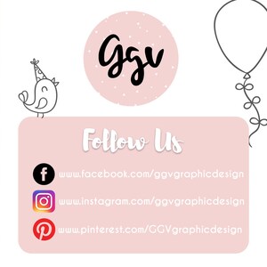 May include: Pink and white graphic with the text "GGV" in black. Below the graphic is a pink rectangle with the text "Follow Us" in white. Below the text are three social media icons with links to Facebook, Instagram, and Pinterest.