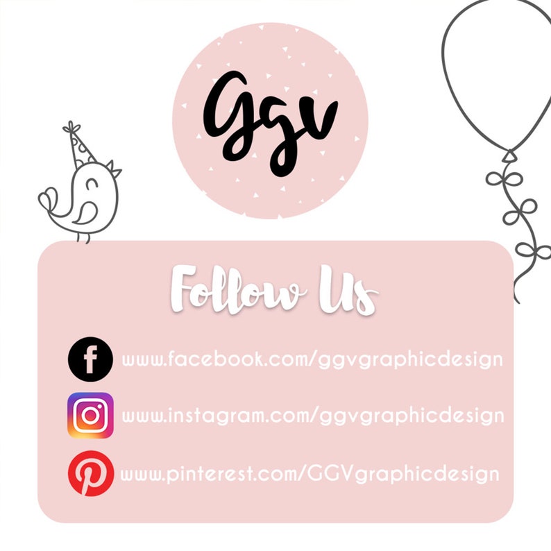 May include: Pink and white graphic with the text "GGV" in black. Below the graphic is a pink rectangle with the text "Follow Us" in white. Below the text are three social media icons with links to Facebook, Instagram, and Pinterest.