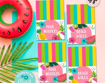 Tropical Pool Party food labels, pool party decor, pineapple, editable food tents, food label template, summer party, TR01