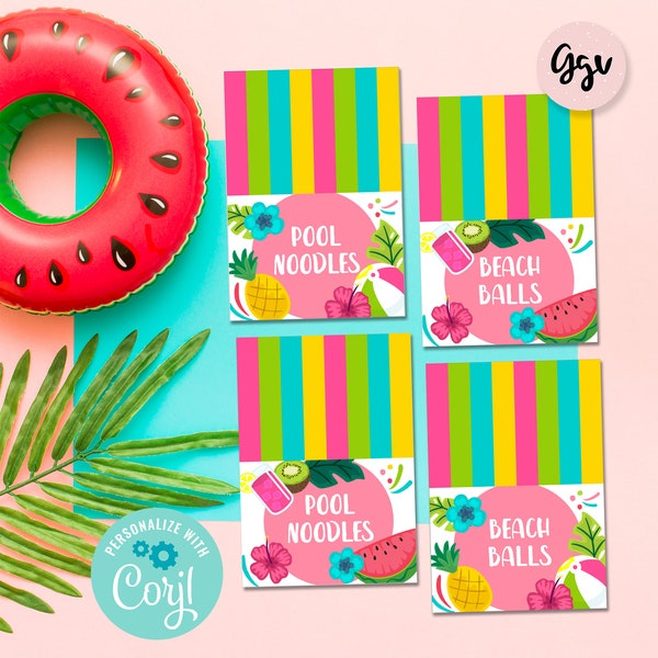 Tropical Pool Party food labels, pool party decor, pineapple, editable food tents, food label template, summer party, TR01