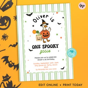 ONE Spooky Goose Invitation, Halloween First birthday invite, Editable Silly Goose Invite for kids, Pumpkin Fall Birthday Template, OSG