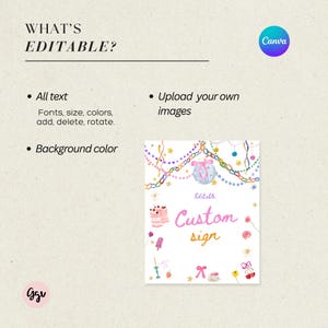 Puede incluir: Un letrero blanco con el texto "Custom sign" en rosa y amarillo, rodeado de ilustraciones de acuarela de postres y decoraciones. El letrero est&aacute; decorado con una guirnalda de luces y estrellas. El texto "What's Editable?" est&aacute; en la parte superior.