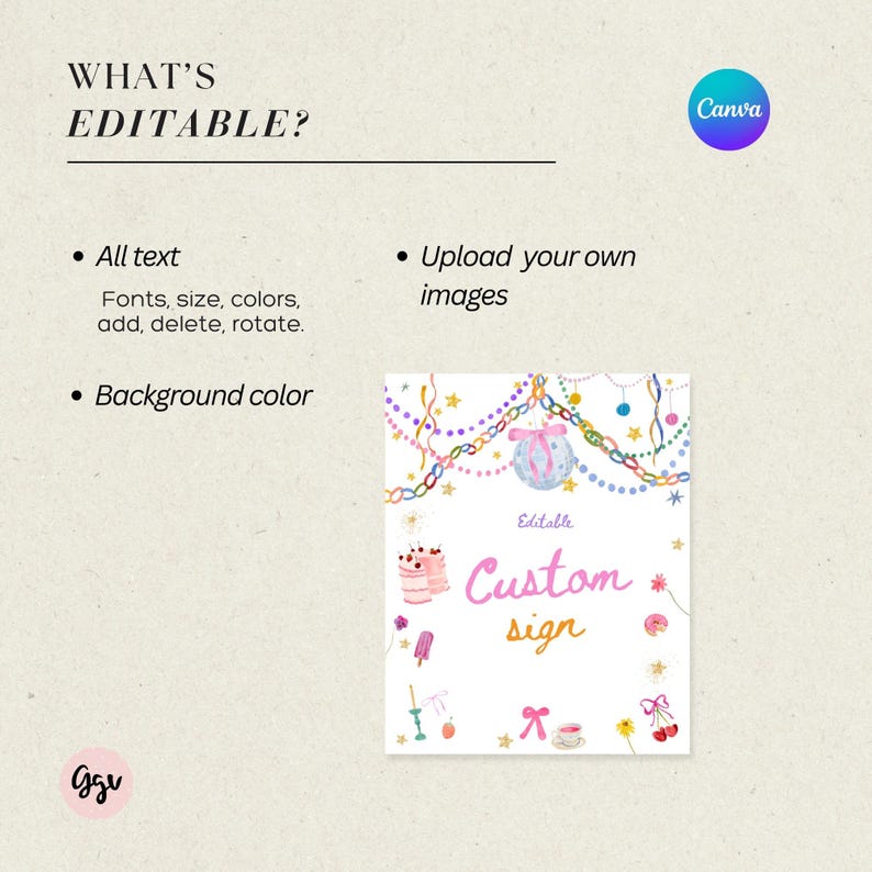 Puede incluir: Un letrero blanco con el texto "Custom sign" en rosa y amarillo, rodeado de ilustraciones de acuarela de postres y decoraciones. El letrero est&aacute; decorado con una guirnalda de luces y estrellas. El texto "What's Editable?" est&aacute; en la parte superior.