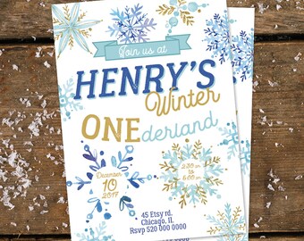 May include: A blue and gold snowflake-themed invitation for Henry's Winter Wonderland party. The invitation includes the date December 10, 2017, the time 2:30 to 5:00 PM, and the address 45 Etsy rd., Chicago, IL. RSVP 520 000 0000.
