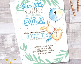 Bunny First Birthday Invitation: Blue Watercolor (Printable PDF)