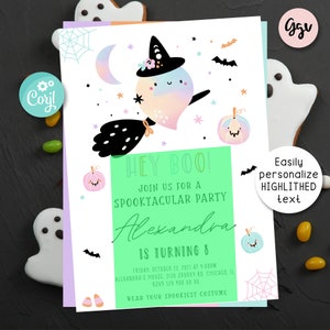 May include: A Halloween party invitation with a whimsical design. It features a cartoon ghost witch riding a broom, pumpkins, bats, and the text "Hey Boo!" The invitation is for Alexandra's 8th birthday.