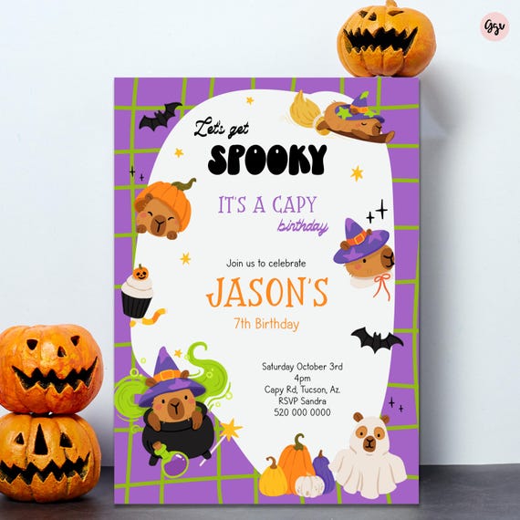 Capybara Halloween Birthday Party Invitation: Editable Template