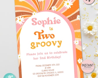 Daisy Two Groovy Editable birthday invitation Retro daisy party invite 70s Floral Birthday Invitation Groovy Party Invitation, RG1