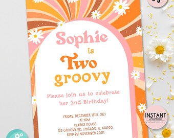 Daisy Two Groovy Birthday Invitation: 70s Retro Floral (Editable) RG1