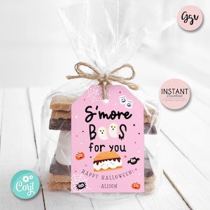 May include: Pink printable gift tag with a s'more and ghosts design. The tag says "S'more Boo's for you" and "Happy Halloween!" with the name Alison at the bottom.