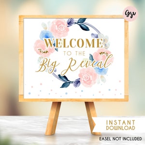 GENDER REVEAL WELCOME sign, gender reveal decoration, instant download, blue or pink, boy or girl reveal, gender reveal printable decor