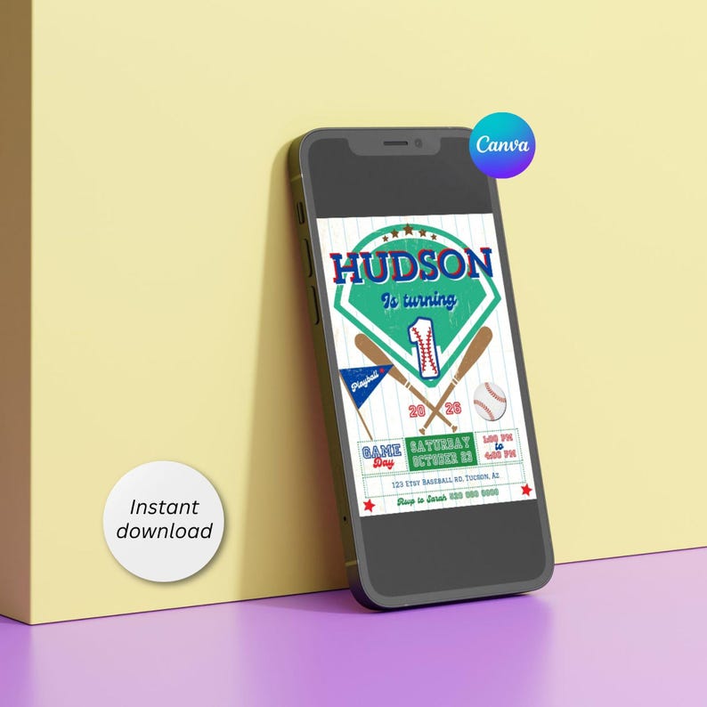 May include: A smartphone displaying a baseball-themed birthday invitation with the text HUDSON Is turning 1. The design features a baseball diamond, two crossed bats, a baseball, and a pennant flag with the text Playball on a pinstriped background.