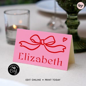Plantilla de tarjeta con nombre para el día de San Valentín, tarjeta editable con lugar para el día de San Valentín, tarjeta con comida para San Valentín, carpa con comida para la fiesta de San Valentín, GGN1