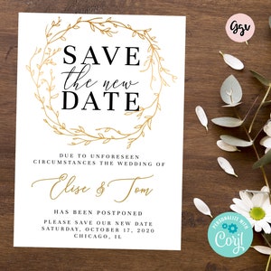 SAVE THE NEW date bewerkbare kaart, wijziging van de plannen kaart, wijzigen van de datum, bruiloft uitstel, instant download, save the date